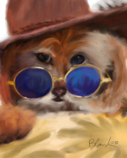 A painting of a small dog peering behind a pair of round blue-tinted sunglasses while wearing a western hat.