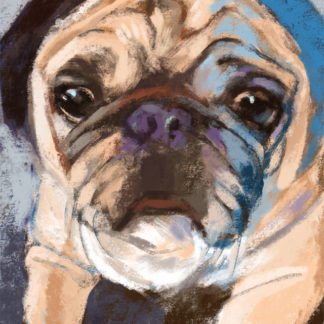 Cute painting of a pug dog with blue highlights.