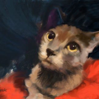 A painting of a brown cat with yellow eyes sitting on a red blanket looking up.