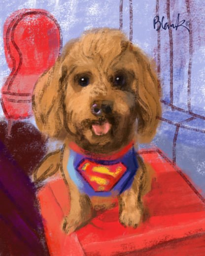 A painting of a brown dog wearing a Superman T-shirt sitting on a red pillow.