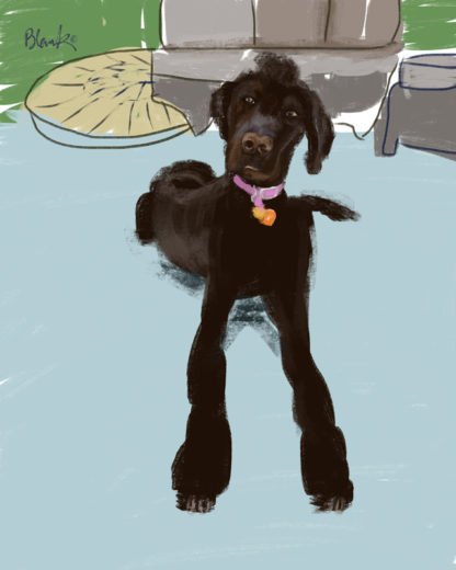A painting of a tall dark dog sitting on a blue patio.