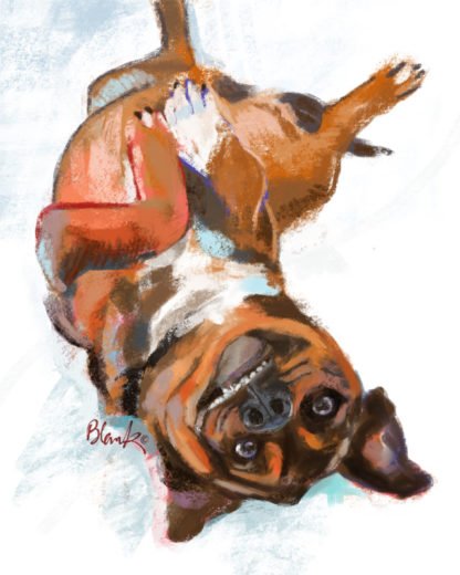 Painting of dog rolling on its back in the snow with a silly grin.